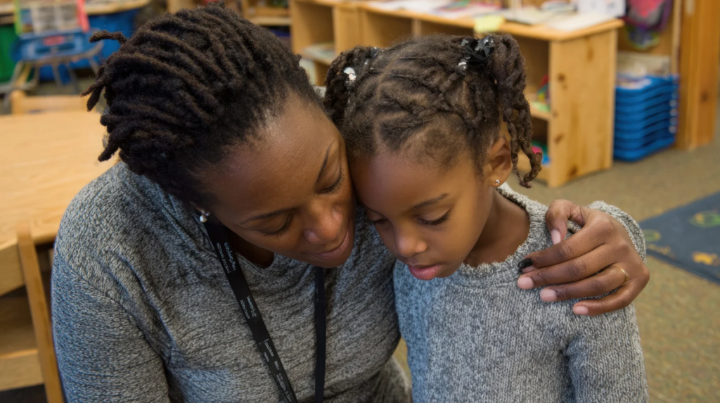mom embraces her socially withdrawn child
