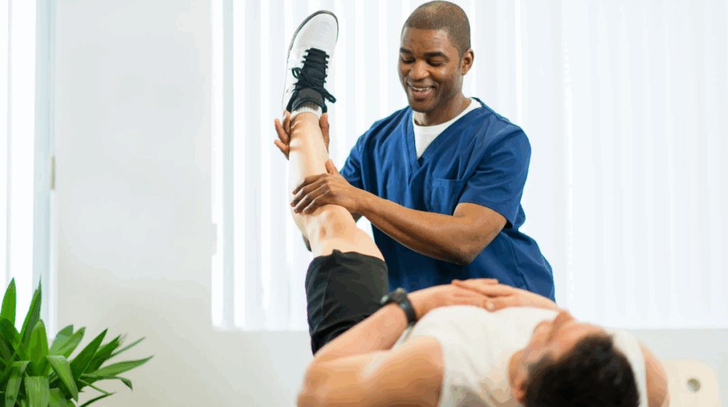 physical therapist and a client on a therapy session