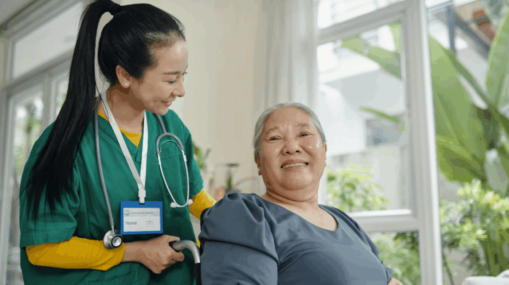 medical social worker supports loved on a wheel chair